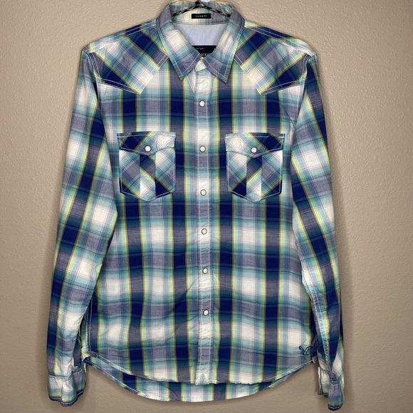 American Eagle Men’s Blue & White Plaid Cotton Vintage Fit Button-Up Shirt - Picture 9 of 9